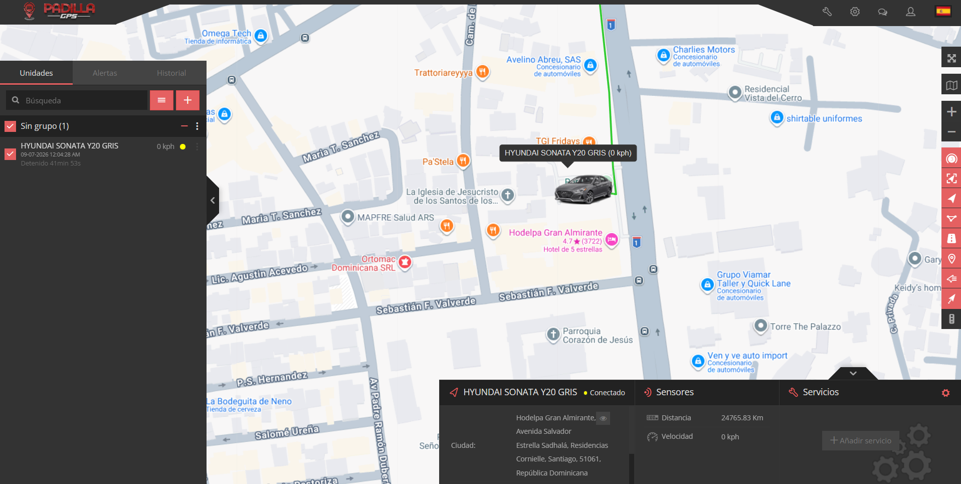 Plataforma Padilla GPS mostrando el monitoreo en tiempo real de un vehículo