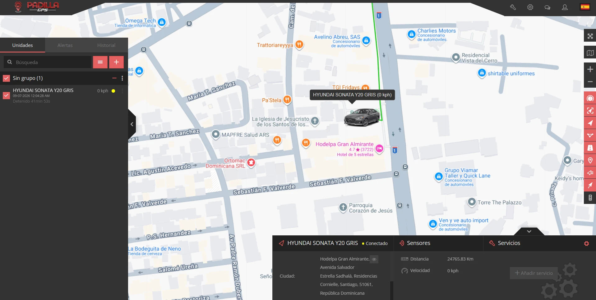 Plataforma Padilla GPS mostrando el monitoreo en tiempo real de un vehículo